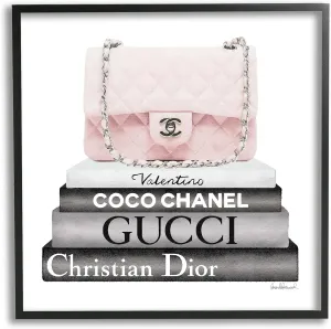 Stupell Industries Pink Quilted Purse on Modern Chic Bookstack Wall Art, 17 x 17, Black Framed