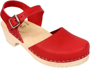 Swedish Low Wood Clog Sandal for Women | Low Heel Mary Jane Style Wooden Clogs Hanmade in Sweden | Alder Wood Base and Natural Leather | Red