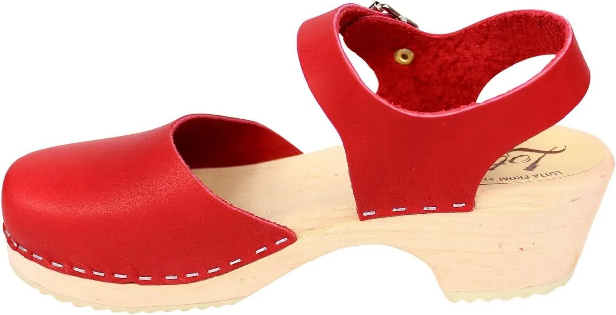 Swedish Low Wood Clog Sandal for Women | Low Heel Mary Jane Style Wooden Clogs Hanmade in Sweden | Alder Wood Base and Natural Leather | Red