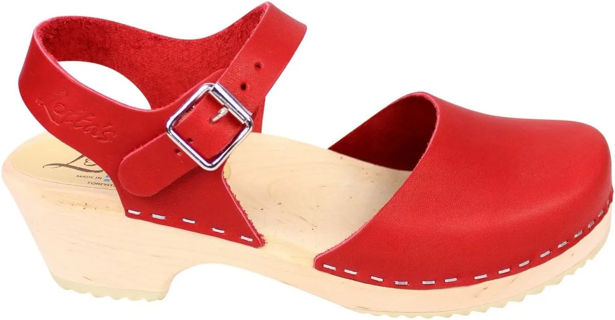 Swedish Low Wood Clog Sandal for Women | Low Heel Mary Jane Style Wooden Clogs Hanmade in Sweden | Alder Wood Base and Natural Leather | Red