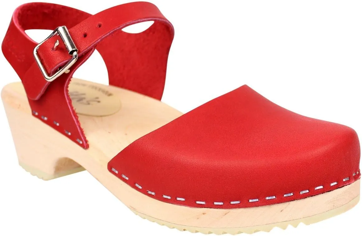 Swedish Low Wood Clog Sandal for Women | Low Heel Mary Jane Style Wooden Clogs Hanmade in Sweden | Alder Wood Base and Natural Leather | Red
