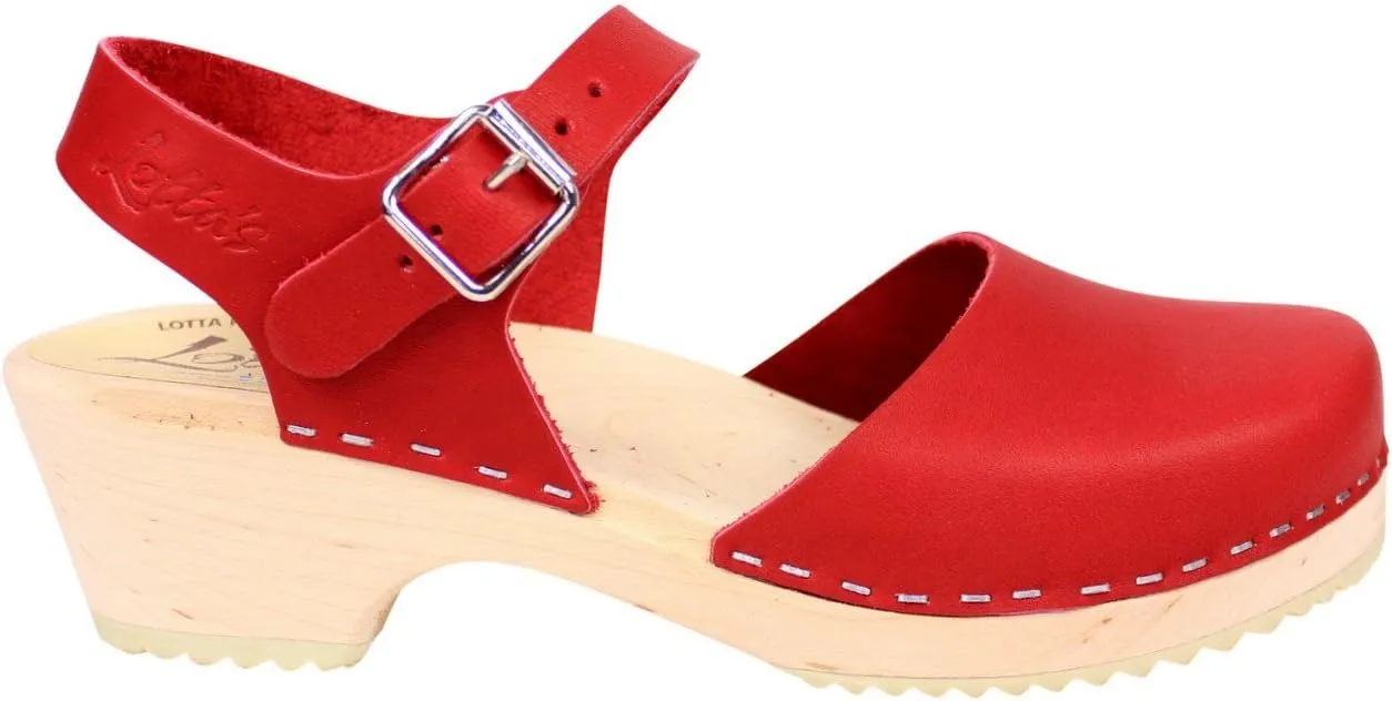 Swedish Low Wood Clog Sandal for Women | Low Heel Mary Jane Style Wooden Clogs Hanmade in Sweden | Alder Wood Base and Natural Leather | Red