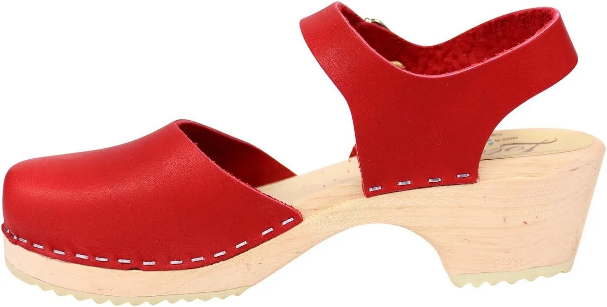Swedish Low Wood Clog Sandal for Women | Low Heel Mary Jane Style Wooden Clogs Hanmade in Sweden | Alder Wood Base and Natural Leather | Red