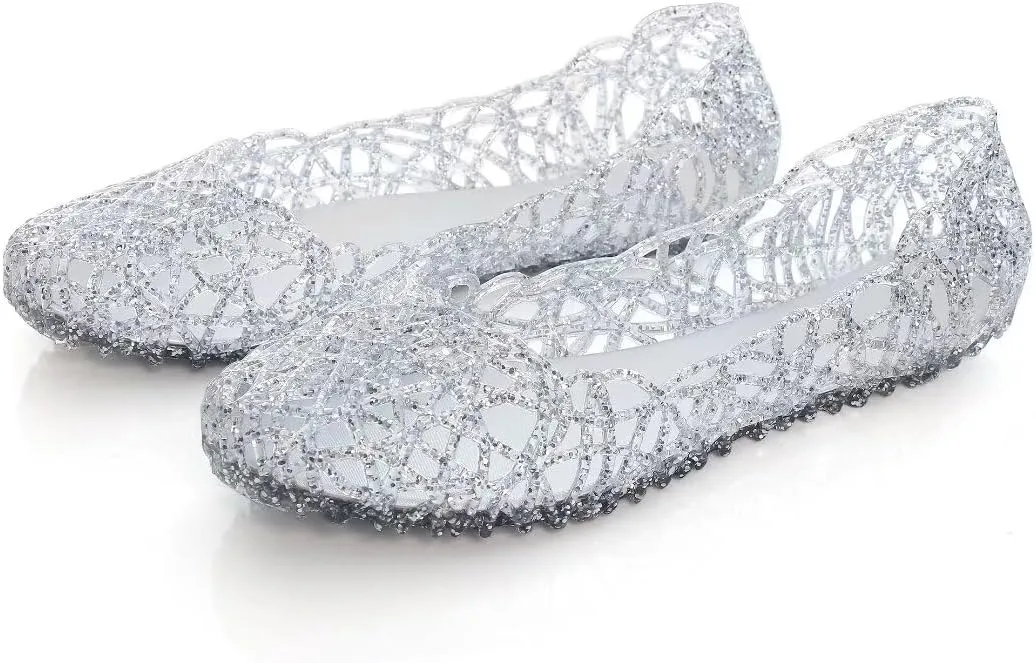 TN TANGNEST Women's Beach Hollow Jelly Shoes Bling PVC Slip On Summer Casual Flat Sandals