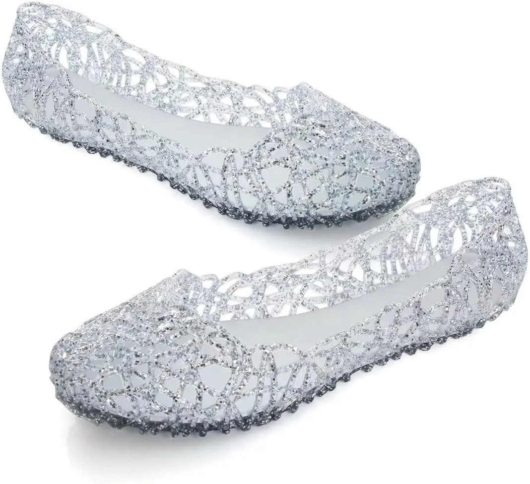 TN TANGNEST Women's Beach Hollow Jelly Shoes Bling PVC Slip On Summer Casual Flat Sandals