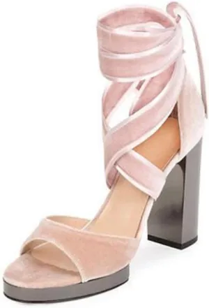 Valentino Garavani Ballet Fever Velvet Ankle-Wrap Sandal, Poudre/Ruthenio 40.5