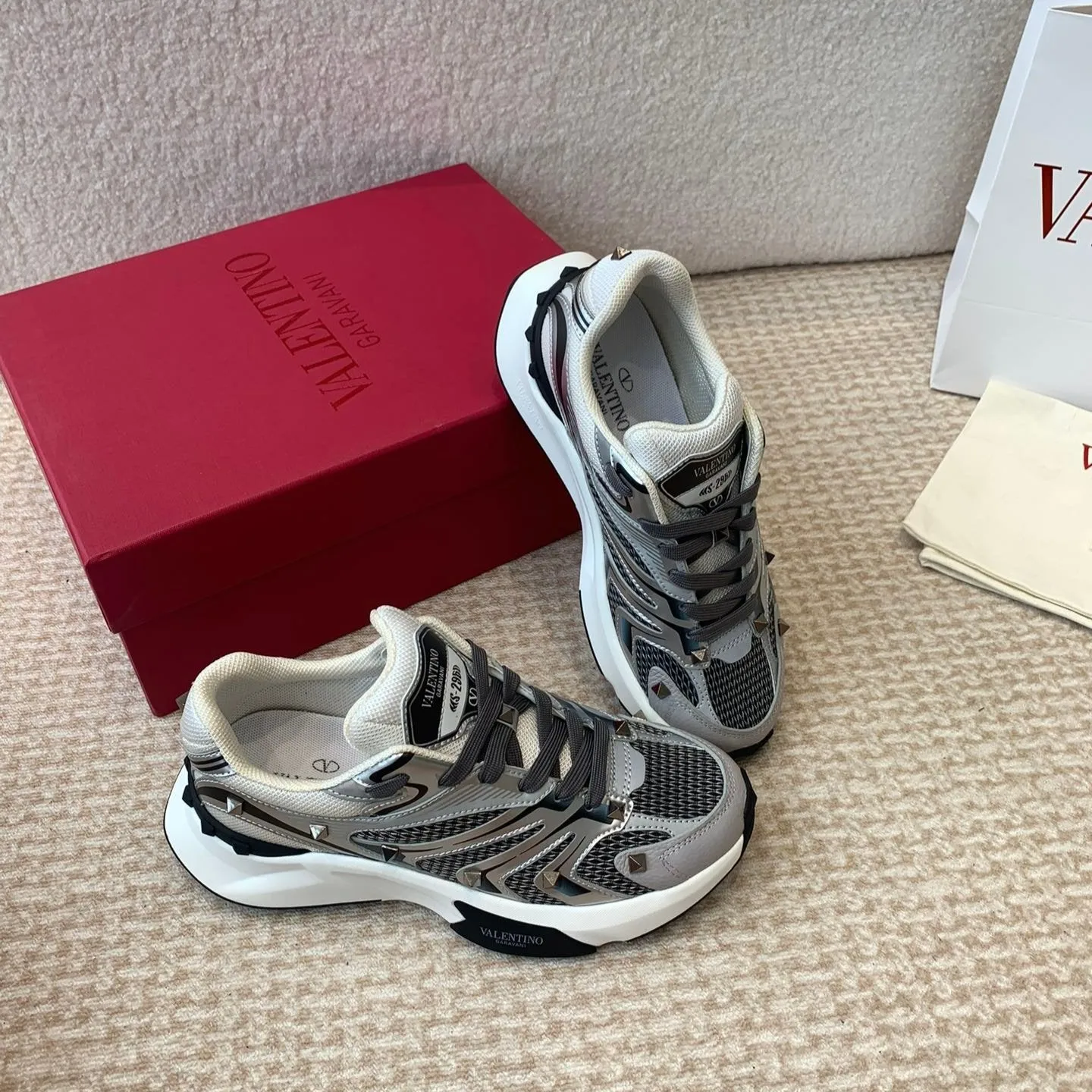 Valentino Sneaker 50mm In Black Mix Grey Blue Mesh Fabric And Cowhide 814272