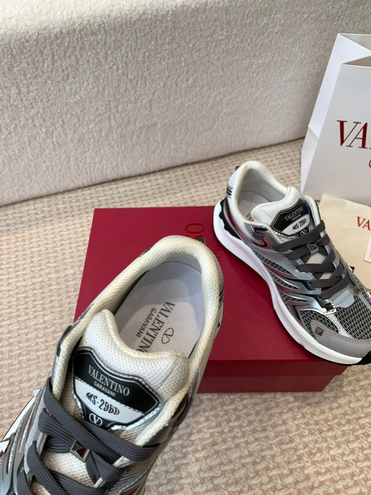 Valentino Sneaker 50mm In Black Mix Grey Blue Mesh Fabric And Cowhide 814272
