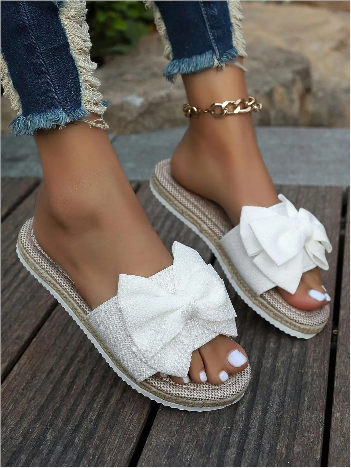 Verdusa Women's 3D Bow PU Leather Flat Sandals Open Toe Slip on Summer Slides Slippers