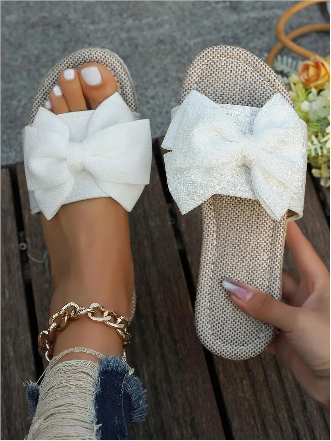 Verdusa Women's 3D Bow PU Leather Flat Sandals Open Toe Slip on Summer Slides Slippers