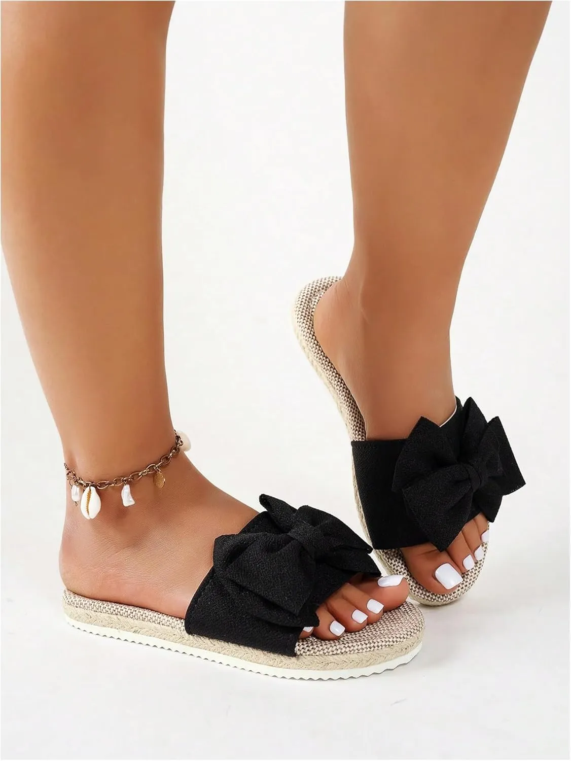 Verdusa Women's 3D Bow PU Leather Flat Sandals Open Toe Slip on Summer Slides Slippers