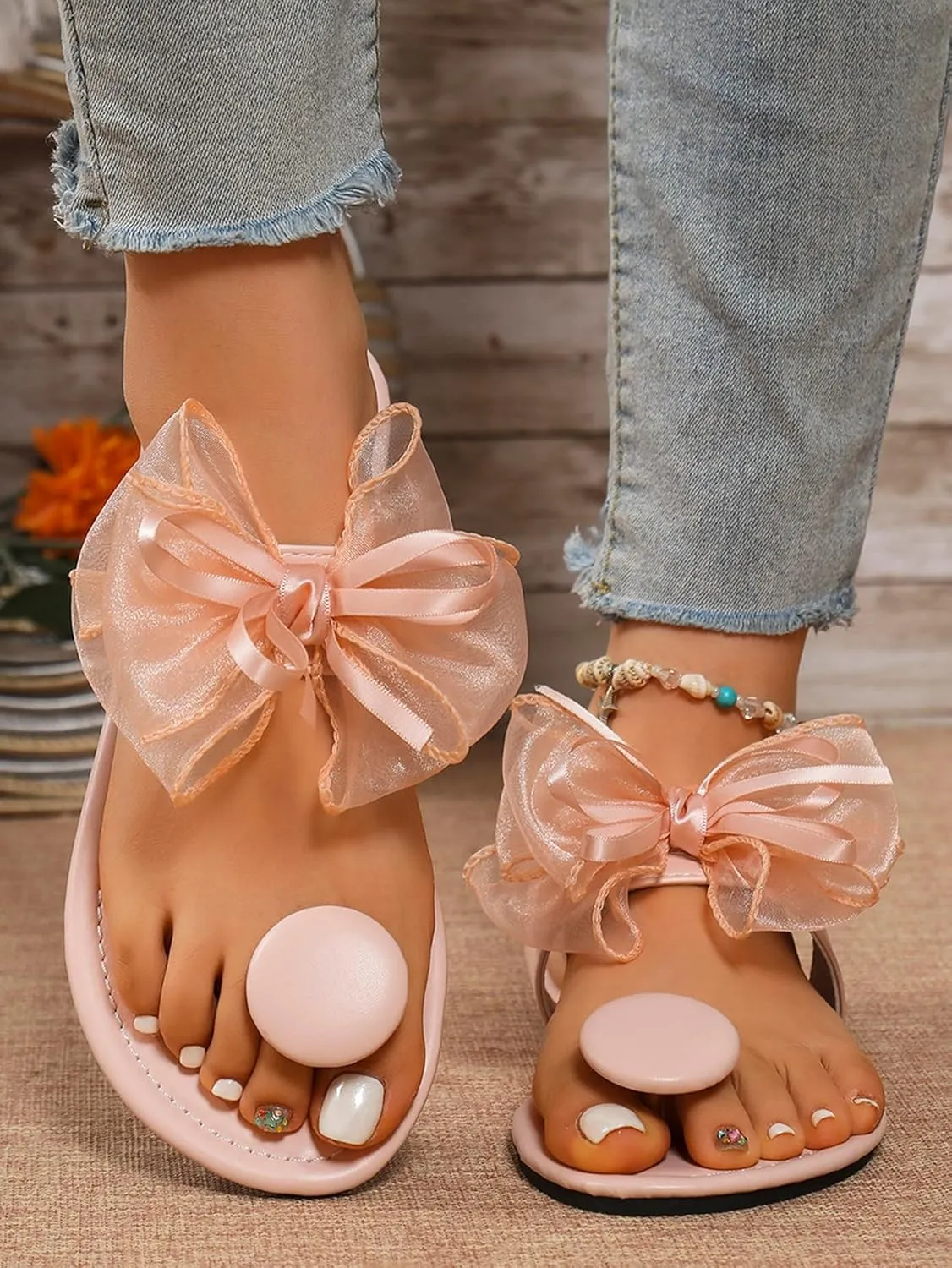 Verdusa Women's Cute Tulle Bow Flat Sandals Clip Toe Flip Flops Slip on Slippers