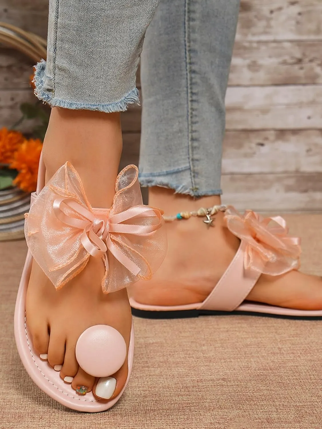Verdusa Women's Cute Tulle Bow Flat Sandals Clip Toe Flip Flops Slip on Slippers