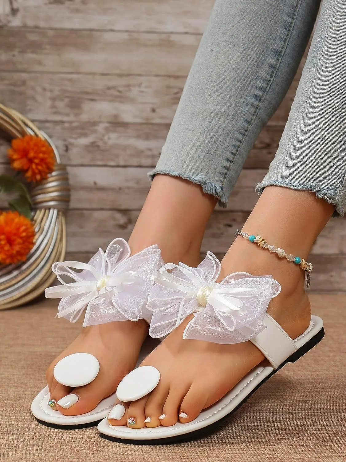 Verdusa Women's Cute Tulle Bow Flat Sandals Clip Toe Flip Flops Slip on Slippers