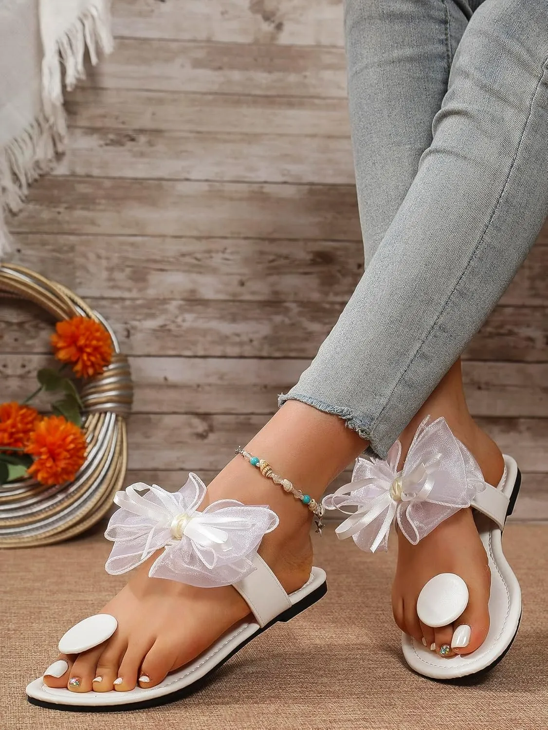 Verdusa Women's Cute Tulle Bow Flat Sandals Clip Toe Flip Flops Slip on Slippers