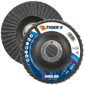 Weiler 51224 Tiger X Flap Disc, Ceramic and Zirconia Alumina, Flat, Phenolic Backing, 60 Grit, 4-1/2", 7/8" Arbor Hole (Pack of 10)