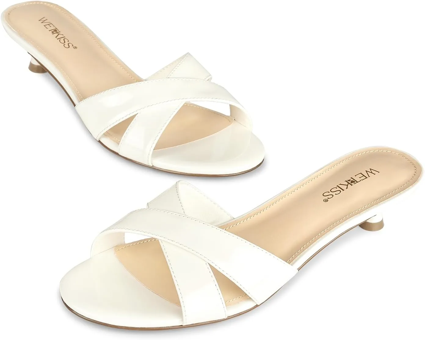 wetkiss Womens Heeled Sandals Open Round Toe Slip on Kitten Heel Mules Low Heel Slide Sandals for Women Cross Strap Backless Mule Flats Comfortable Summer Dress Heels