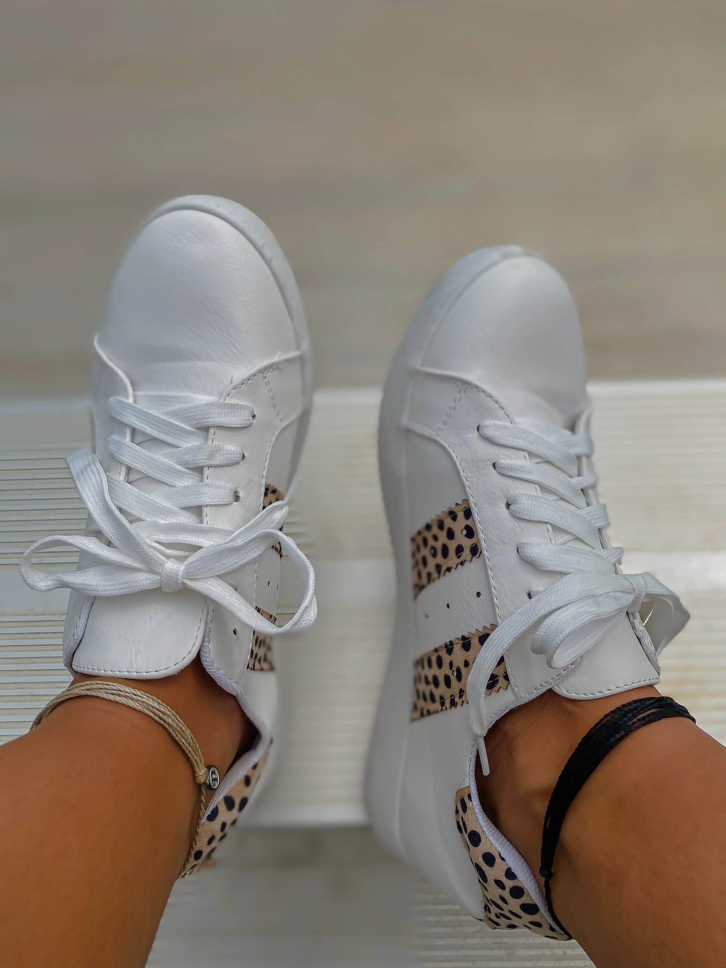 White & Cheetah Stripe Lace Up Sneaker