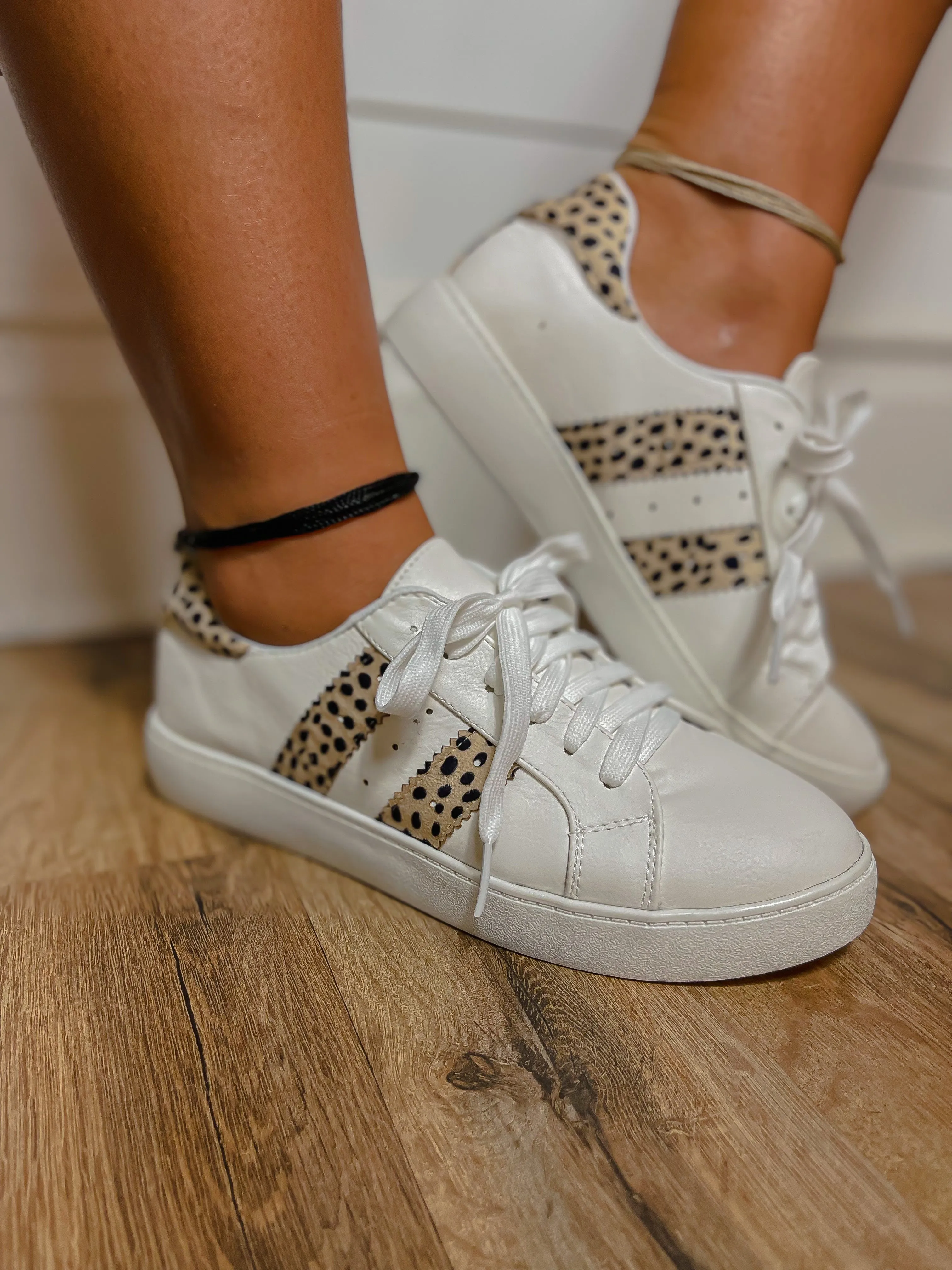 White & Cheetah Stripe Lace Up Sneaker