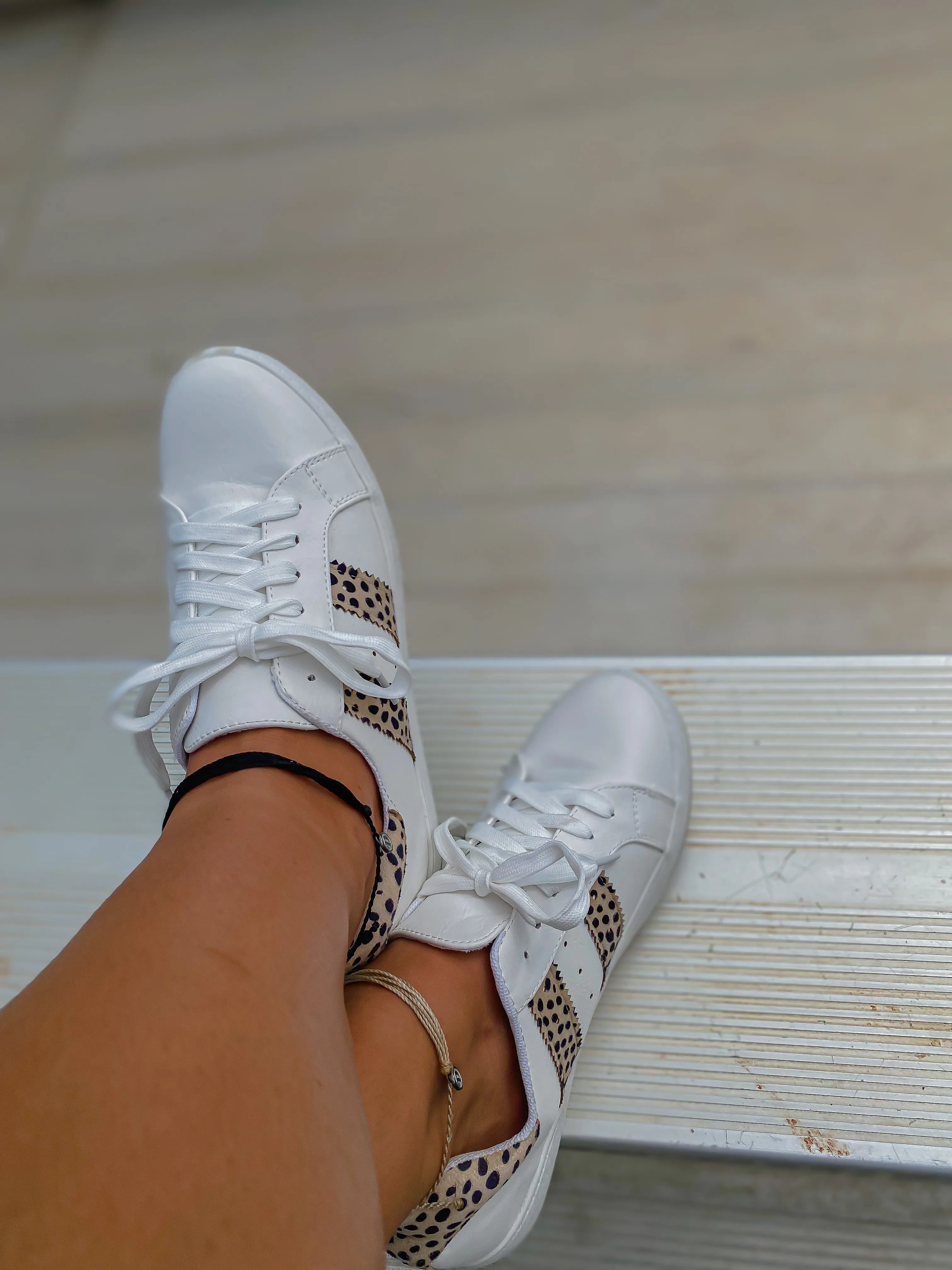 White & Cheetah Stripe Lace Up Sneaker