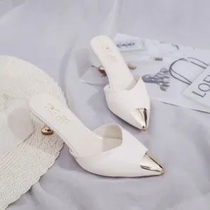 WHITE HIGH HEEL POINTED TOE MULE SHOE WITH METAL DESIGN.