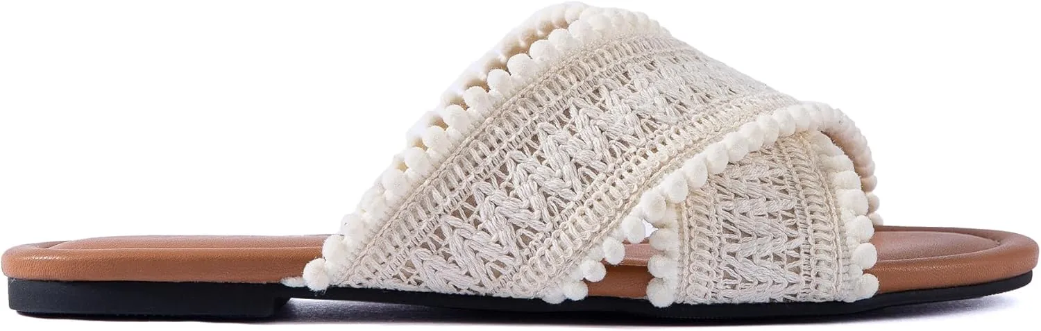 Women Slides Sandals Braided Summer Bohemian Dressy Vacation Beach Comfy Slip On Flat