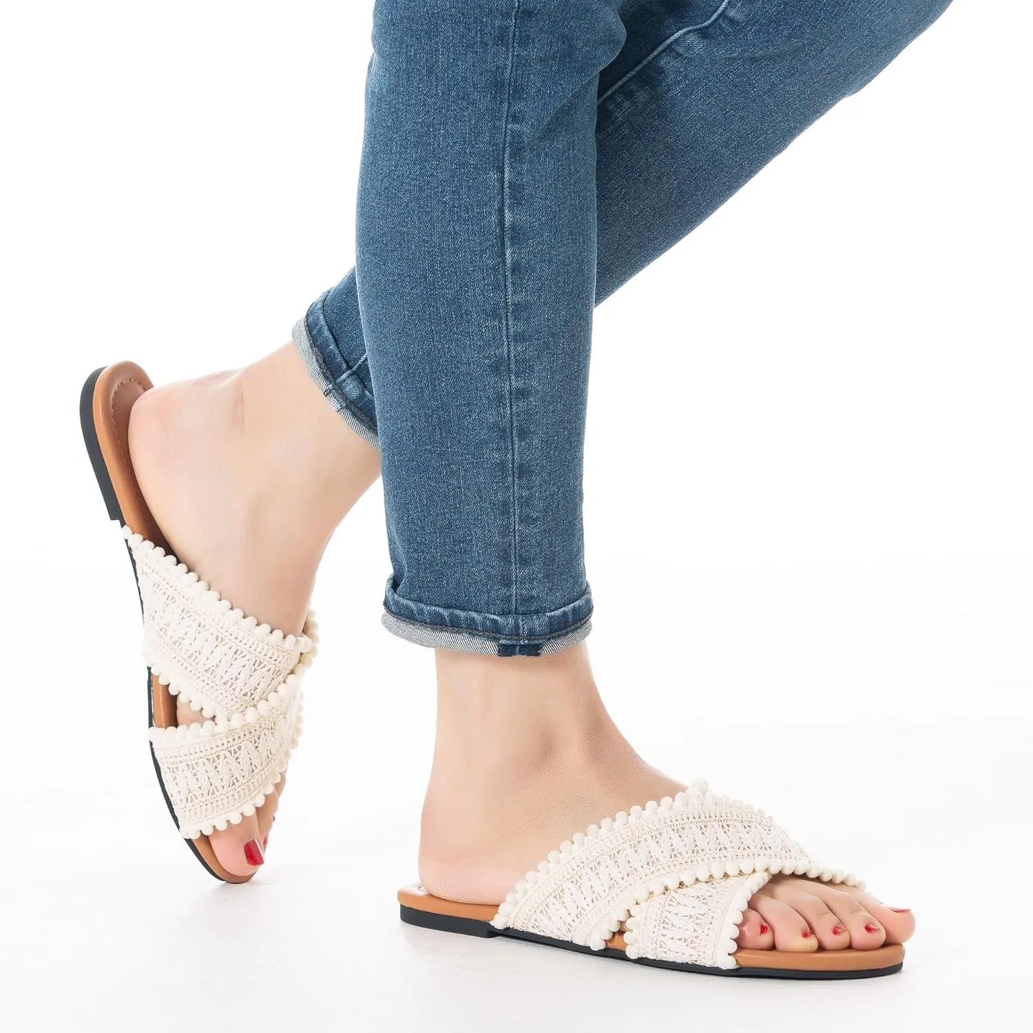 Women Slides Sandals Braided Summer Bohemian Dressy Vacation Beach Comfy Slip On Flat