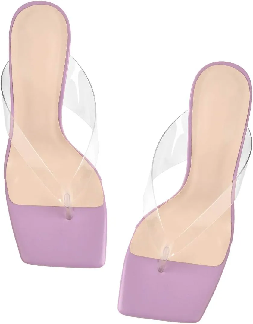 Womens Clear Heels Open Square Toe Transparent Tapered High Heel Slip on Fashion Sandals