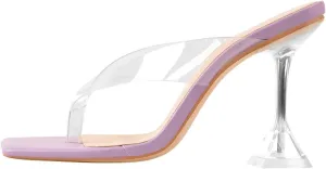Womens Clear Heels Open Square Toe Transparent Tapered High Heel Slip on Fashion Sandals