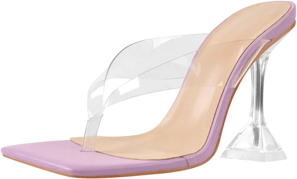 Womens Clear Heels Open Square Toe Transparent Tapered High Heel Slip on Fashion Sandals