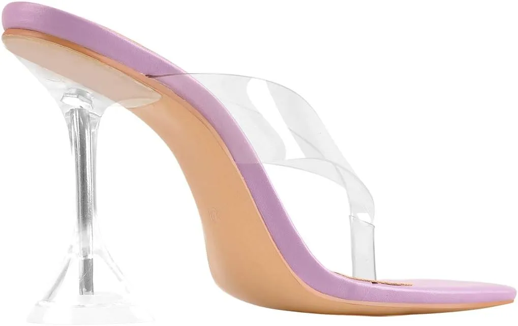 Womens Clear Heels Open Square Toe Transparent Tapered High Heel Slip on Fashion Sandals