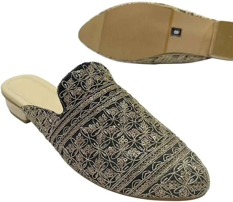 Women's Ethnic Back Open Mules – Handmade Indian Slip-On Juttis | Embroidered Boho Flats | Comfortable Backless Traditional Shoes for Wedding, Office & Everyday Wear