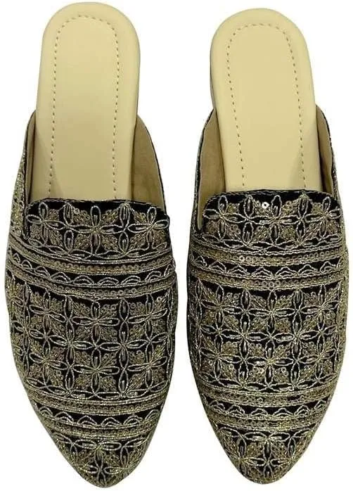Women's Ethnic Back Open Mules – Handmade Indian Slip-On Juttis | Embroidered Boho Flats | Comfortable Backless Traditional Shoes for Wedding, Office & Everyday Wear