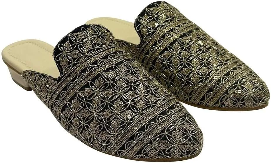 Women's Ethnic Back Open Mules – Handmade Indian Slip-On Juttis | Embroidered Boho Flats | Comfortable Backless Traditional Shoes for Wedding, Office & Everyday Wear