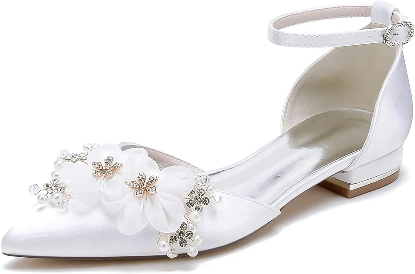 Women's Flat Pumps Heel Applique Pointed Toe Flats Comfort Wedding Shoes for Bride Prom Dress Shoes