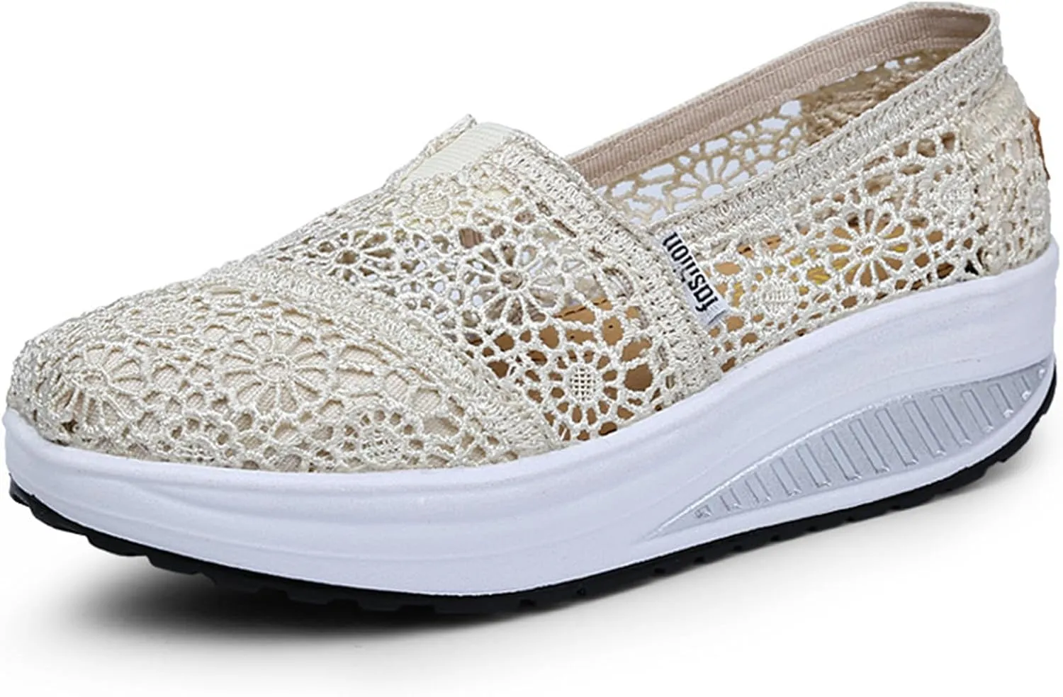 Women's Floral Embroidery Lace Mesh Air Cushion Sneakers,Comfortable Orthopedic Diabetic Walking Toning Shoes Breathable Slip on Platform Loafers Casual Fashion Rocker Shoes