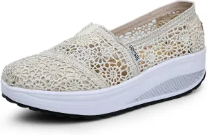 Women's Floral Embroidery Lace Mesh Air Cushion Sneakers,Comfortable Orthopedic Diabetic Walking Toning Shoes Breathable Slip on Platform Loafers Casual Fashion Rocker Shoes