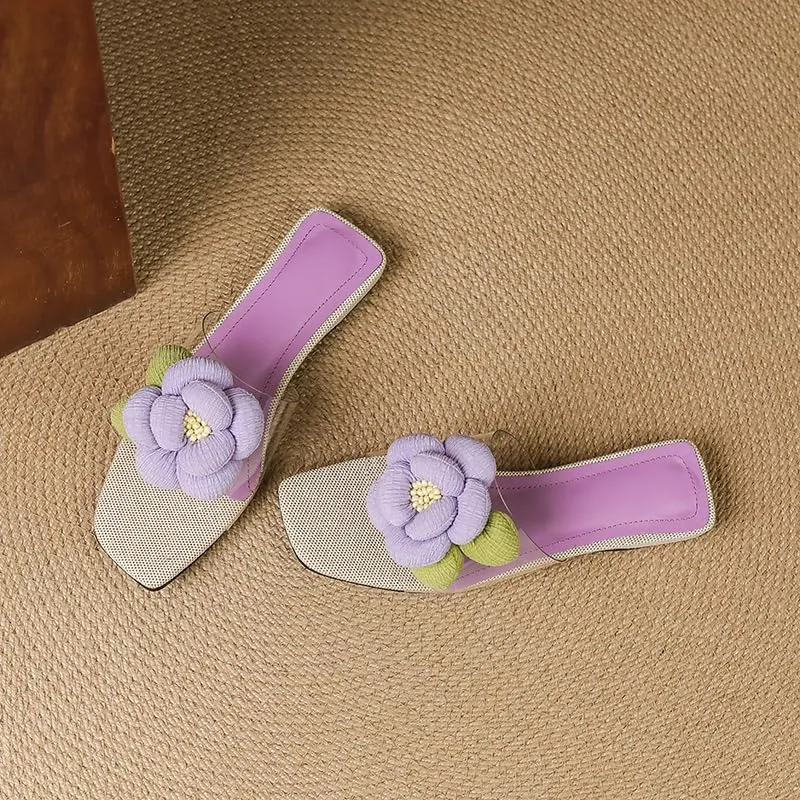 Womens Flower Clear Flat Slides Open Square Toe Slip on Mules Summer Floral Casual Sandals