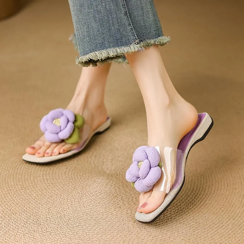 Womens Flower Clear Flat Slides Open Square Toe Slip on Mules Summer Floral Casual Sandals