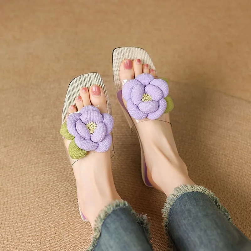 Womens Flower Clear Flat Slides Open Square Toe Slip on Mules Summer Floral Casual Sandals