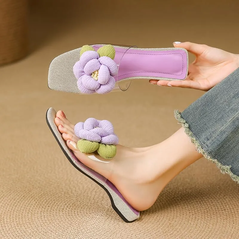 Womens Flower Clear Flat Slides Open Square Toe Slip on Mules Summer Floral Casual Sandals