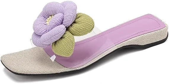 Womens Flower Clear Flat Slides Open Square Toe Slip on Mules Summer Floral Casual Sandals