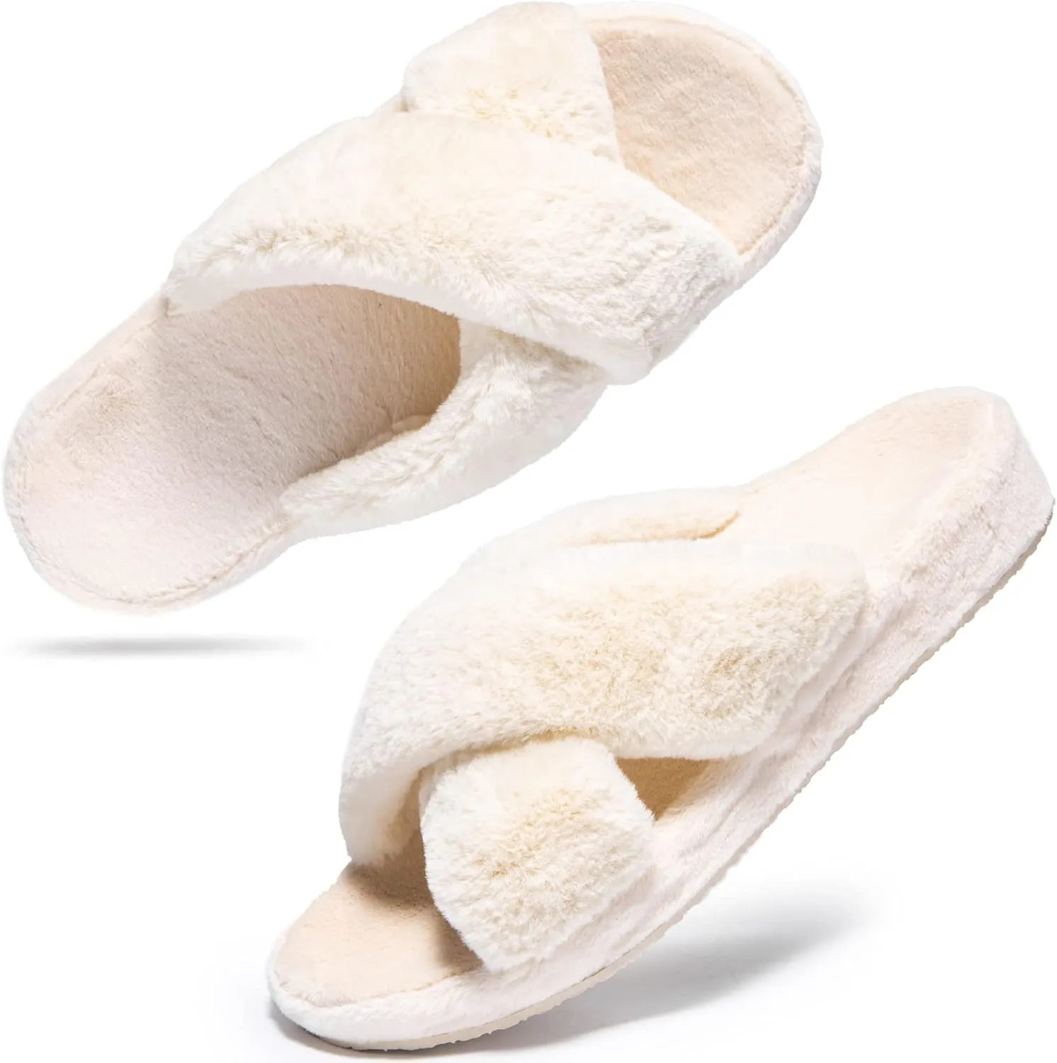 Womens Fuzzy Cross Band Slippers with Orthotic Insole Arch Support, Comfortable Spa Plush House Slippers for Plantar Fasciitis, Foot and Heel Pain, Recovery Slippers for Women