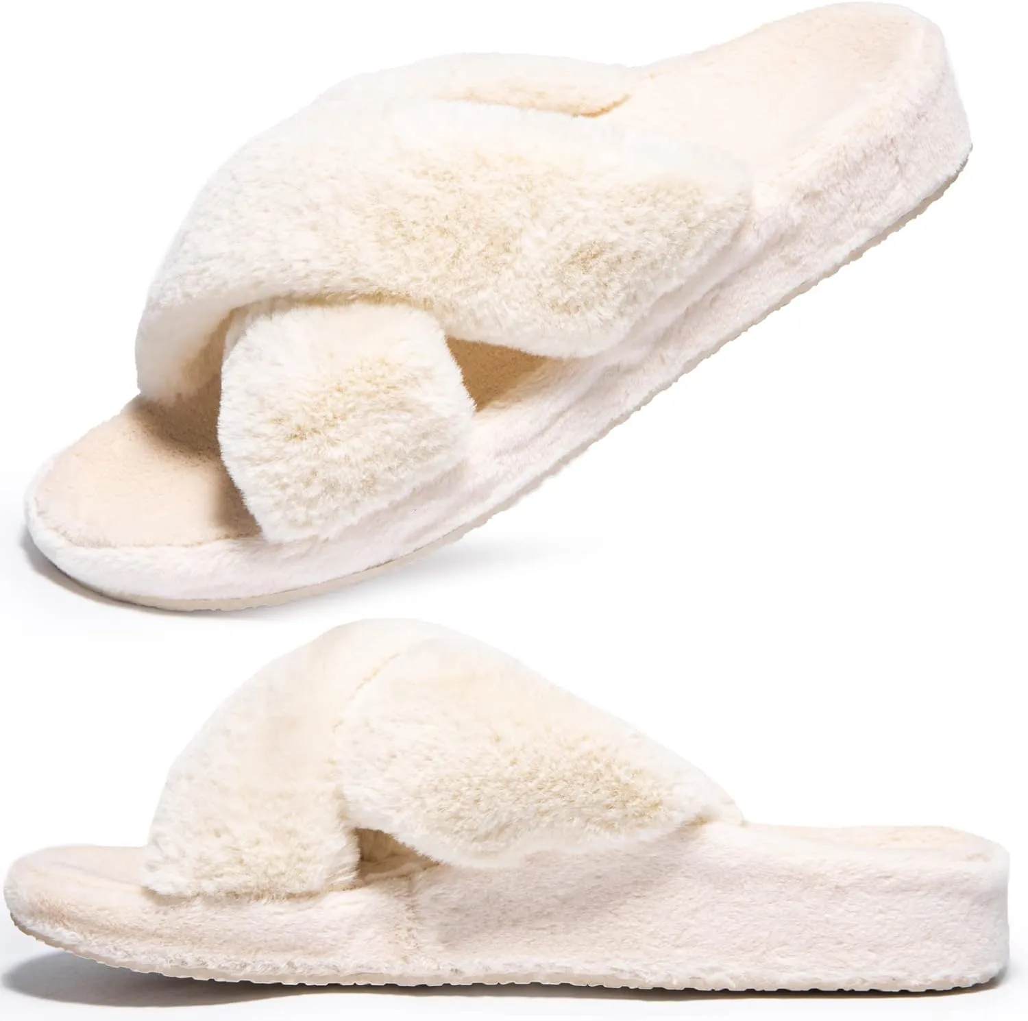 Womens Fuzzy Cross Band Slippers with Orthotic Insole Arch Support, Comfortable Spa Plush House Slippers for Plantar Fasciitis, Foot and Heel Pain, Recovery Slippers for Women