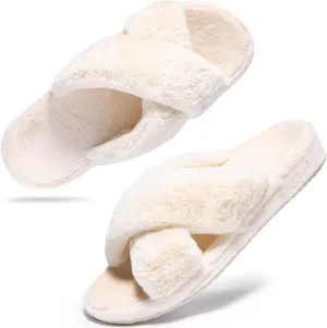 Womens Fuzzy Cross Band Slippers with Orthotic Insole Arch Support, Comfortable Spa Plush House Slippers for Plantar Fasciitis, Foot and Heel Pain, Recovery Slippers for Women
