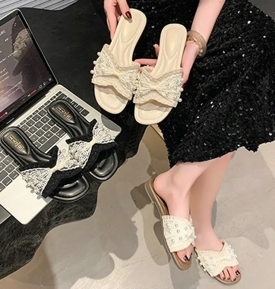 Women's Lace Decor Sandals with Sparkle Faux Pearl Elegant Flat Slip on Sandals Open Toe Indoor & Outdoor Wedding Sandals