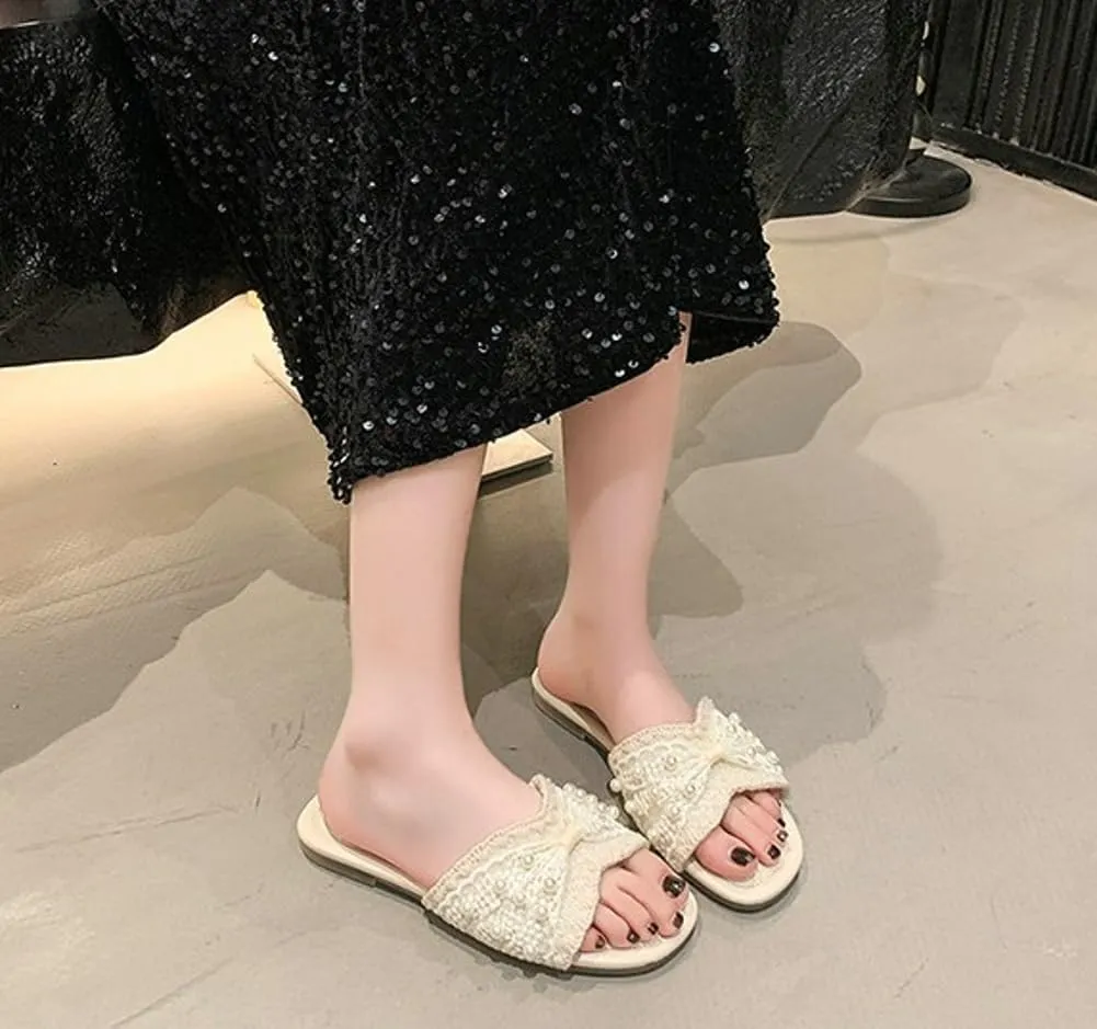 Women's Lace Decor Sandals with Sparkle Faux Pearl Elegant Flat Slip on Sandals Open Toe Indoor & Outdoor Wedding Sandals