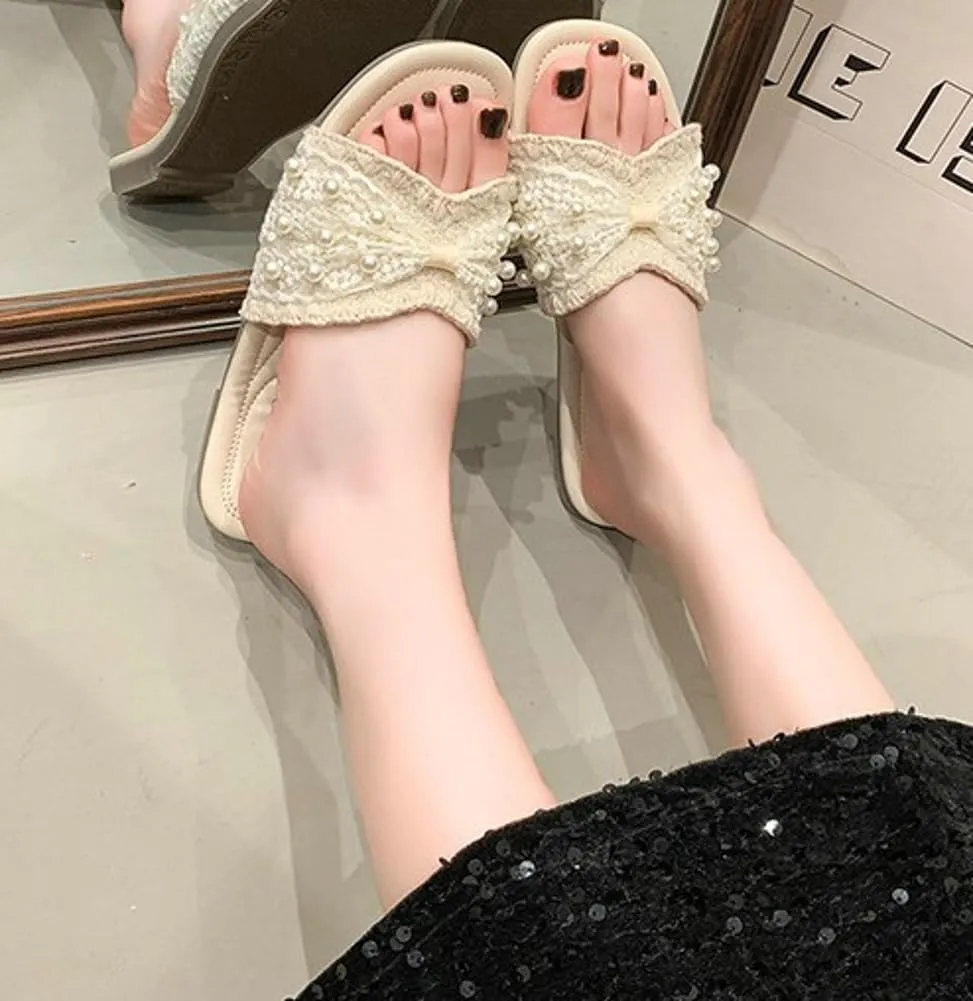 Women's Lace Decor Sandals with Sparkle Faux Pearl Elegant Flat Slip on Sandals Open Toe Indoor & Outdoor Wedding Sandals