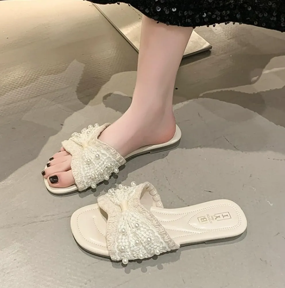 Women's Lace Decor Sandals with Sparkle Faux Pearl Elegant Flat Slip on Sandals Open Toe Indoor & Outdoor Wedding Sandals