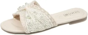 Women's Lace Decor Sandals with Sparkle Faux Pearl Elegant Flat Slip on Sandals Open Toe Indoor & Outdoor Wedding Sandals